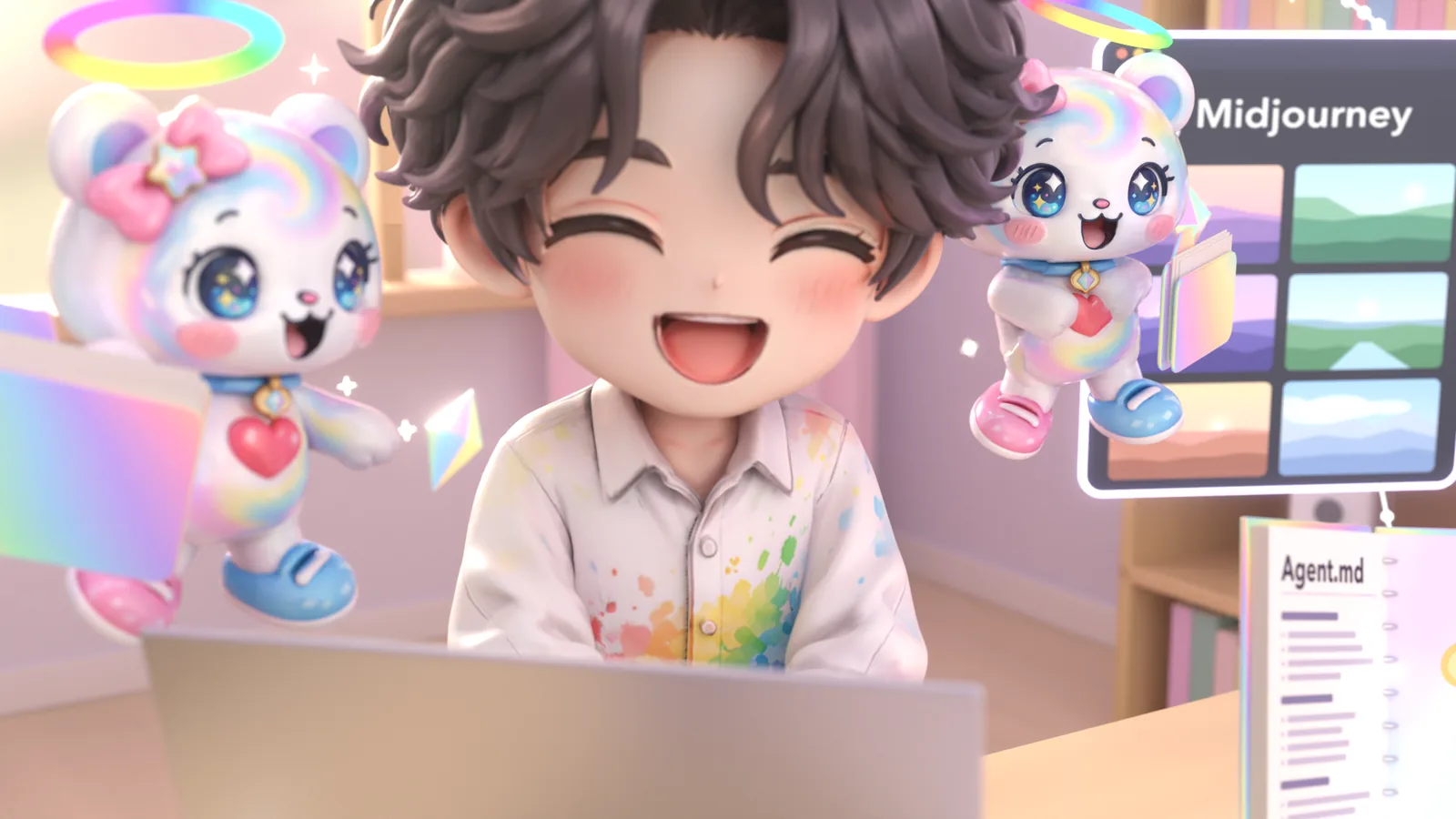 笑顔でキーボードを打つ堀内さんと、両脇のコアくん